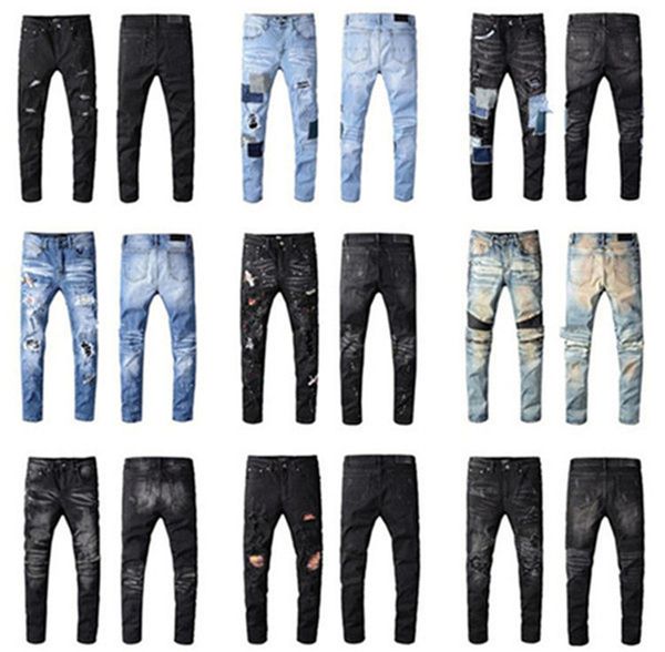 

mens jean distressed motorcycle biker jeans rock skinny slim ripped hole stripe fashionable snake embroidery denim pants, Blue