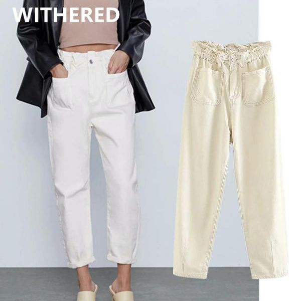 

women's jeans withered england high street vintage mom woman pockets loose waist ankle harem solid boyfriend for women, Blue