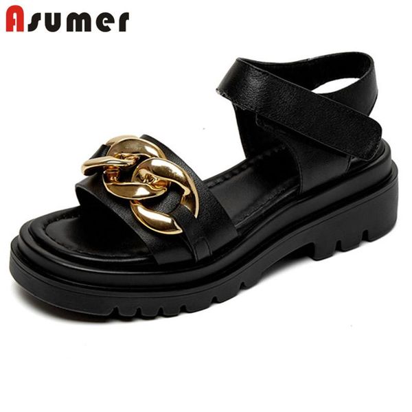 

asumer 2021 flat platform sandals women shoes metal decoration fashion cool casual genuine leather, Black
