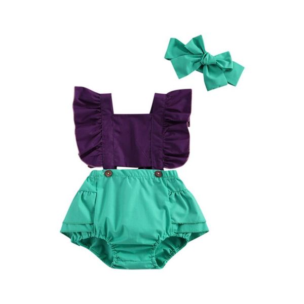 

jumpsuits 2pcs baby summer outfits, match color square ruffled romper + bowknot headband suit for toddler girls, 0-2 years, Blue