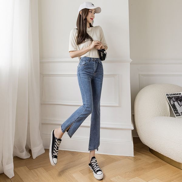 

women's jeans small jeans 2021 summer new micro split high waist stretch slim, Blue