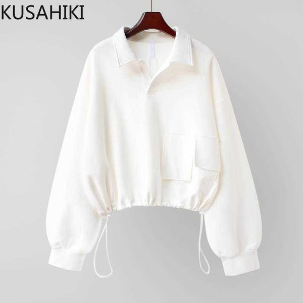 

drawstring cropped hoodie long sleeve turn-down collar women sweatshirts causal spring pullovers 6f921 210603, Black