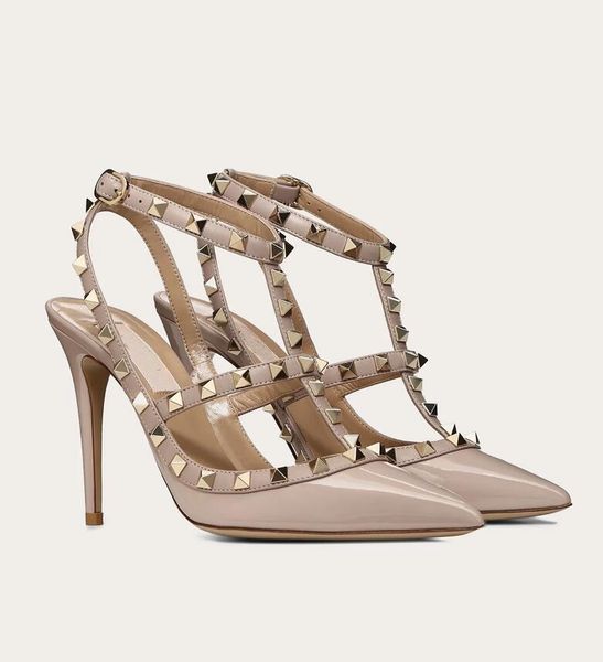 

valentinoluxury rockstud ankle strap sandals pointed toe women's pump grain & calfskin leather lady high heels party wedding b df, Black