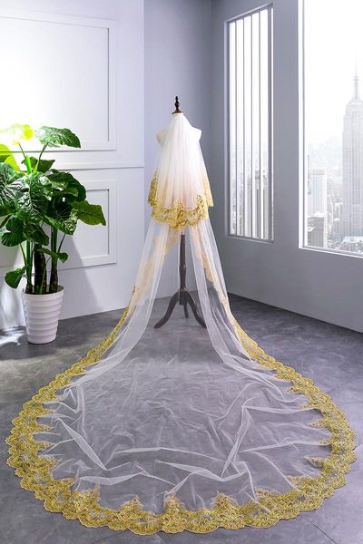Bridal Weits Real POS Свадебная вуаль золотой блесток кружевной аксессуар 2 уровня длина собора длиной с бесплатной гребенью