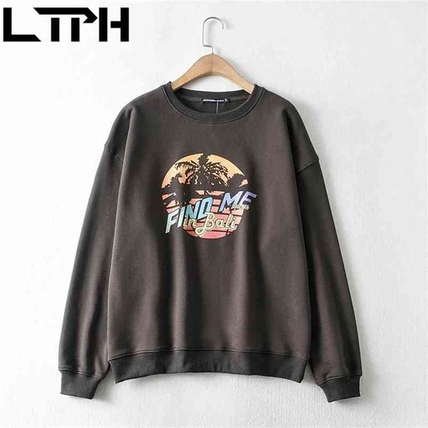 

ltph vintage loose print womens sweatshirts pullover o-neck long sleeve pure cotton lazy style sweatshirt spring autumn 210423, Black