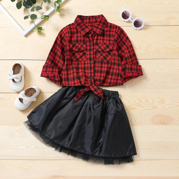 Autumn Christmas shirt and skirt set for Infant Baby Girls: Long Sleve Plaid Shirt and Black Lace Tutu Skirt