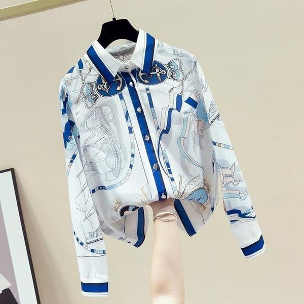 

women's blouses & shirts women 2021 spring korean casual long sleeve turn-down collar female loose printed ol style office ladies t35, White