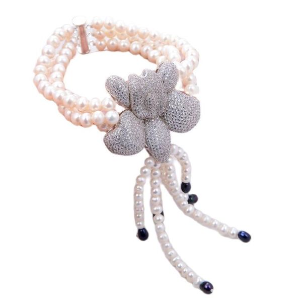

beaded, strands jk 8" 3 rows natural pearl bracelet cz flower connector handmade for women lady fashion jewelry, Black