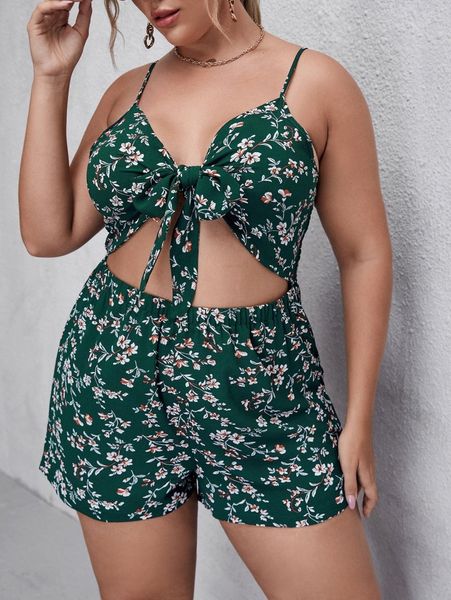 

plus floral print shirred cami romper b8si#, Black