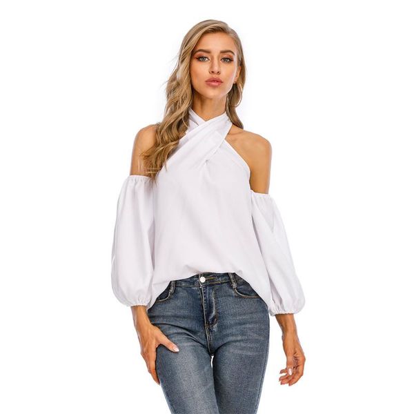 

women's t-shirt xia ou wear neck hanging pullover quarter sleeve loose and versatile casual top, White