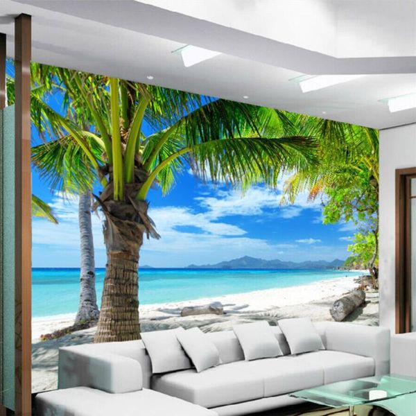 

wallpapers custom 3d wall mural wallpaper blue sky white clouds sandy beach coconut trees seaside scenery po paper covering