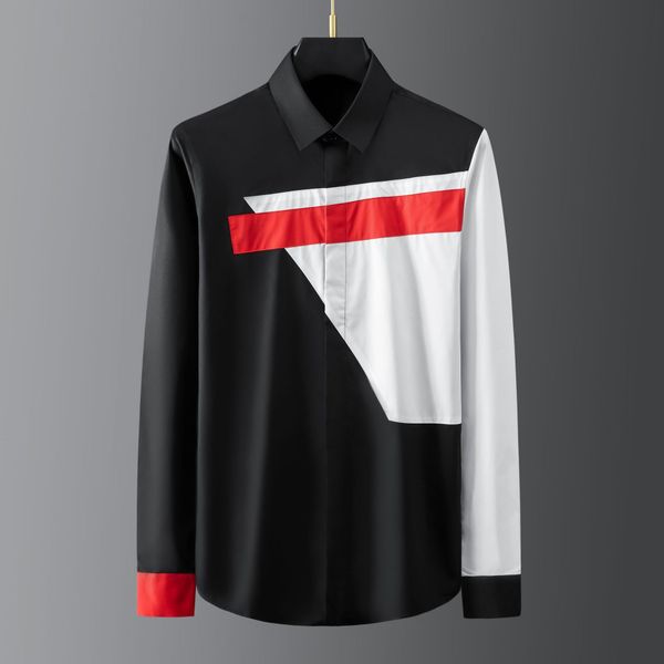 

business shirt deluxe and fashion brand irregular color contrast patchwork slim fit men's long sleeve, White;black