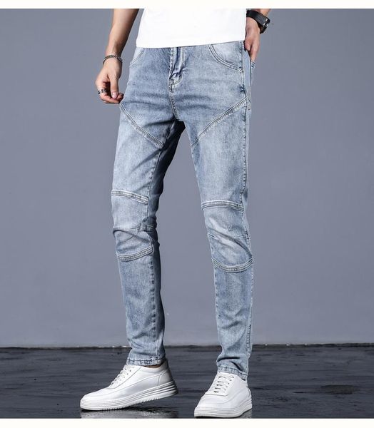 

men's jeans slim fit biker elastic denim casual cargo pants patchwork pleated size 28-38, Blue