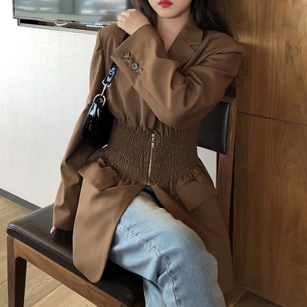 

[ewq] autumn new gold brown pleated waist loose suit fashion high-quality ladies blazer slim women coats 201009, White;black