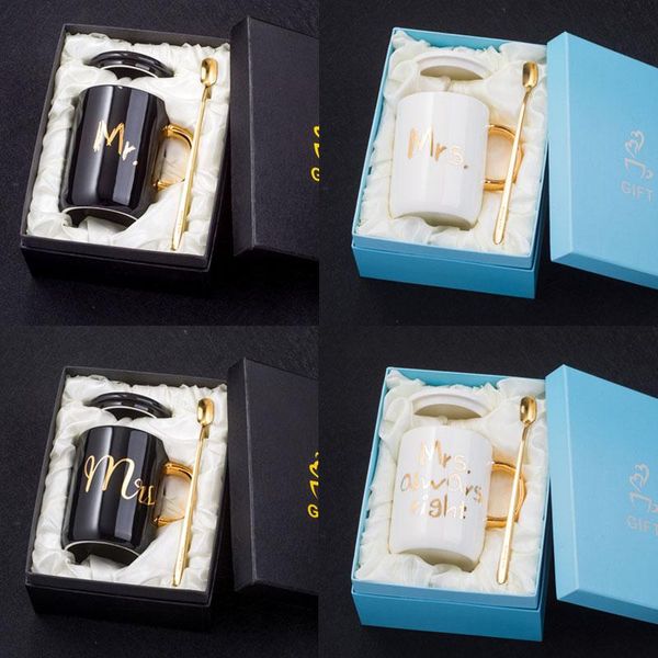 

mugs 400ml mr and mrs porcelain coffee mug with lid gold spoon ceramic cup for couple lover wedding gifts