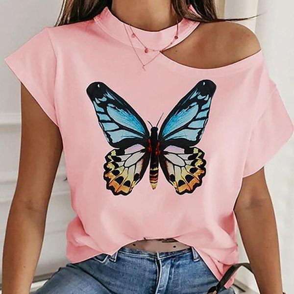 

women's t-shirt gradient butterfly print fashion hundred oversized off shoulder short sleeve teeshirt summer ropa mujer, White