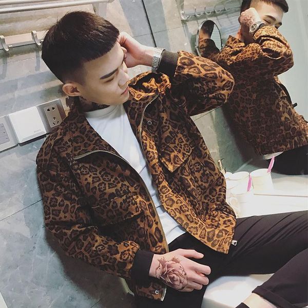 

men's jackets autumn korean version of the trend thin jacket fast hand slim leopard print, Black;brown