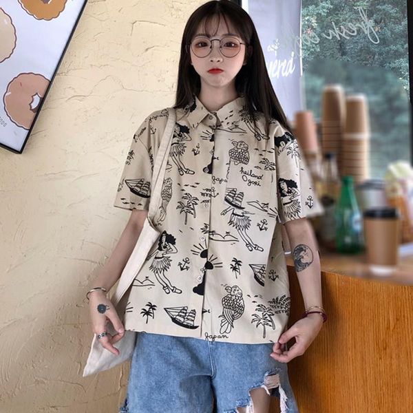 

harajuku women blouse and printed hawaii short sleeve turn-down collar casual blusas korean beach female lady shirts women's blouses &, White