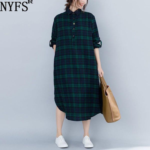 

casual dresses nyfs 2021 spring autumn long dress vintage loose splice denim vestidos robe elbise plaid shirt, Black;gray