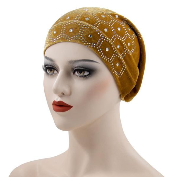 

beanie/skull caps hanxi fashion gold velvet turban hijabs bonnet with drill rhinestone women muslim wrap head scarf warm chemo hat for lady, Blue;gray