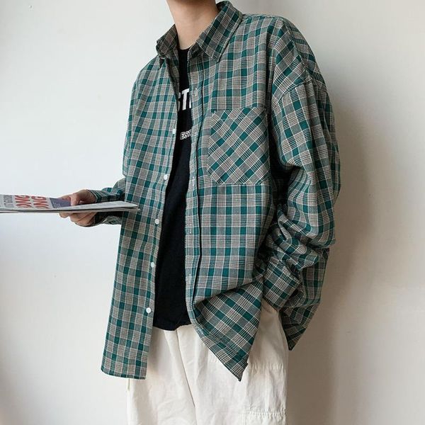 

men's casual shirts spring cotton plaid shirt fashion retro men streetwear korean loose green long-sleeved mens -2xl, White;black