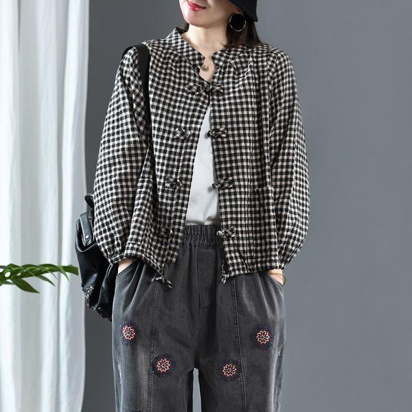 

women's jackets 2021 spring arts style women long sleeve loose coat double pocket cotton linen plaid short coats vintage plus size m170, Black;brown
