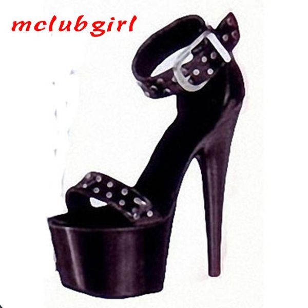 

mclubgirl 15cm heels round head thin heel thick bottom walking show super high party riveted nightclub women's shoes lyp sandals, Black