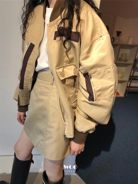 

women's jackets bf style chic streetwear loose jacket for women autumn winter patchwork color long sleeve baseball casual outwear top, Black;brown
