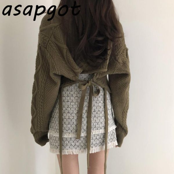 

korea chic wild vintage twisted back bandage armygreen v neck sweater knit fashion slim high waist tassel woolen skirt mini 210429, White