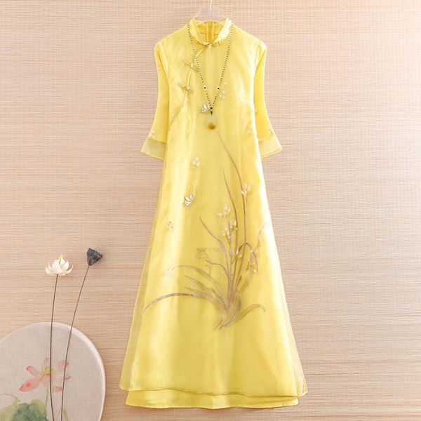 

ethnic clothing high-end summer organza women cheongsam dress retro elegant embroidery butterfly grass a-line lady party qiapao s-xxl, Red