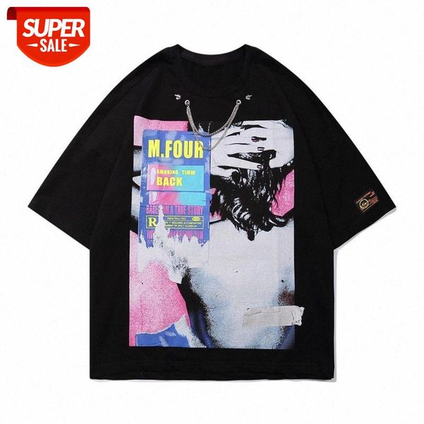 

european and american high street tide brand fashion printed t-shirt loose multi-color character print short-sleeved tee couples men w #an1l, White;black