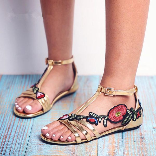 

sandals plus size 35-42 summer golden flat fashion women flowers narrow band open toed gladiator beach shoes sandalias mujer, Black