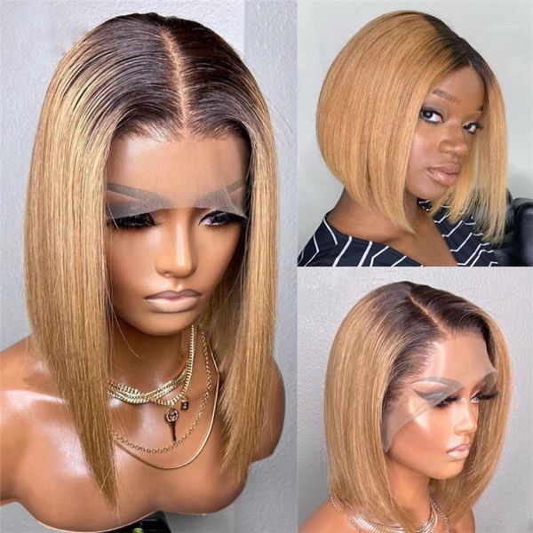

honey blonde lace front human hair wigs 5*5 pu silk base wig ombre short bob brazilian remy bleached knots1, Black;brown