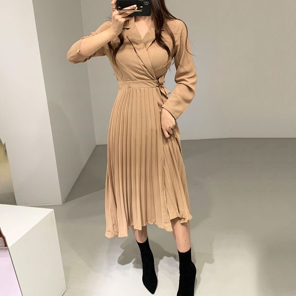 

dresses chic korean office lady chiffon pleated spring women notched collar long sleeve slim waist lace-up work blazer, Black;gray