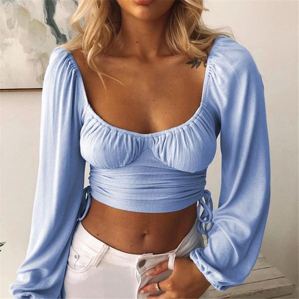 

women long sleeve irregular drawstring bandage cropped autumn 2021 o-neck bodycon knitted solid t-shirt women's, White