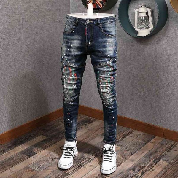 

fashion streetwear men jeans slim fit paint designer elastic hip hop pants spliced biker homme 210723, Blue