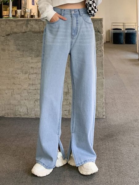 

dazy high waist slant pocket split hem jeans k6d3#, Blue