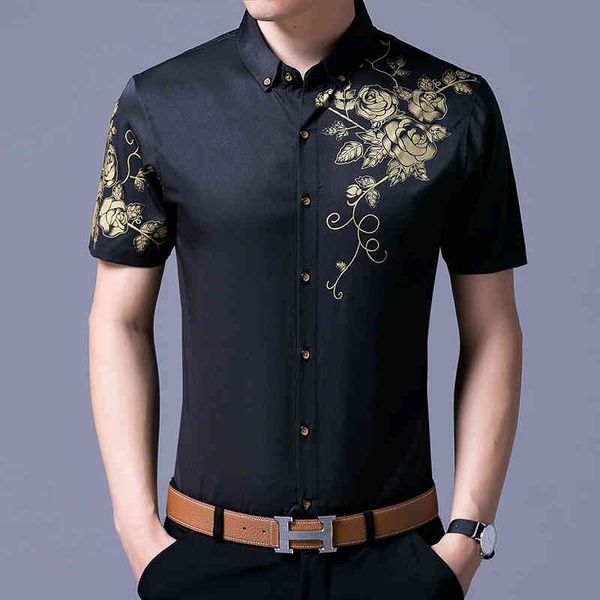 

men's casual shirts arrival summer floral fashion design flowers printed male short sleeve dress shirt e103, White;black