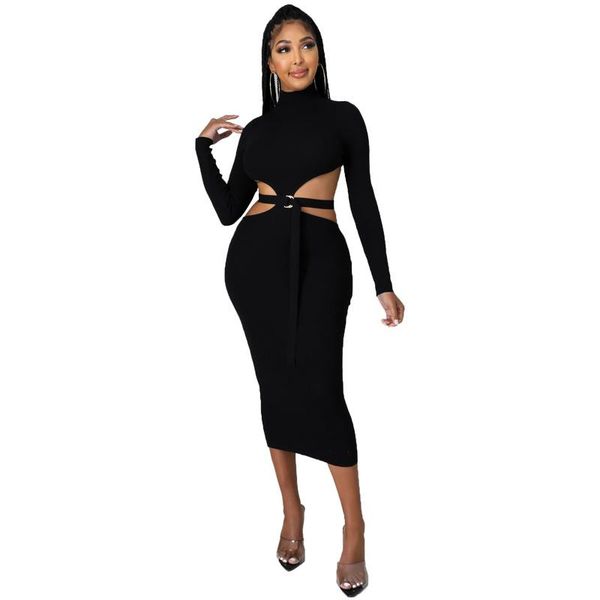 

casual dresses 2021 solid cross hollot out sheath midi dress spring summer women fashion holiday evening party outfits wholesale, Black;gray