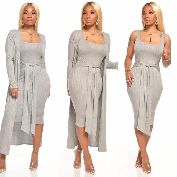 

casual dresses solid bodycon sundress fashion long cape high waist tank dress two piece set autumn spring office ladies vintage sets, Black;gray