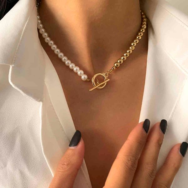

designer necklace 2021 fashion baroque pearl chain women collar wedding punk toggle clasp circle lariat bead choker s jewelry, Silver