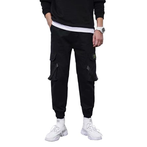 

men casual pants multi-pockets for man overalls street hip-hop drawstring streetwear cool men's, Black
