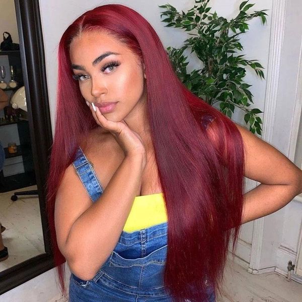 

lace wigs colored 99j front wig 13x4x1 red burgundy human hair for black women straight t part remy pre plucked 28 inch, Black;brown