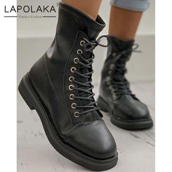 

boots lapolaka 2021 thick low heels comfy woman shoes shoelaces black trendy fashion ins dropship booties lady
