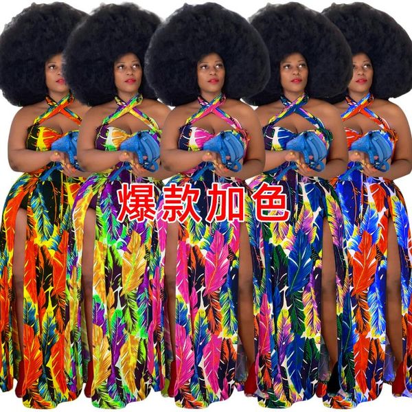 

casual dresses plus size obese women's dress xl-5xl summer bohemian style long skirt women digital printing halter neck slit, Black;gray