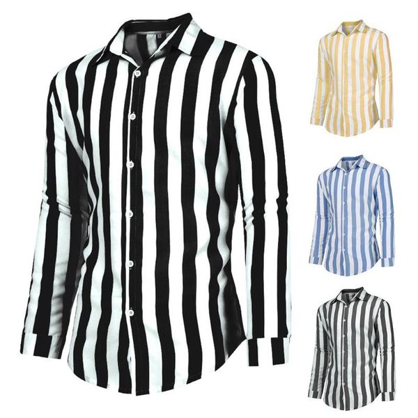 

men's casual shirts stylish simple lapel vertical stripes loose buttons long sleeve three-color shirt top, White;black