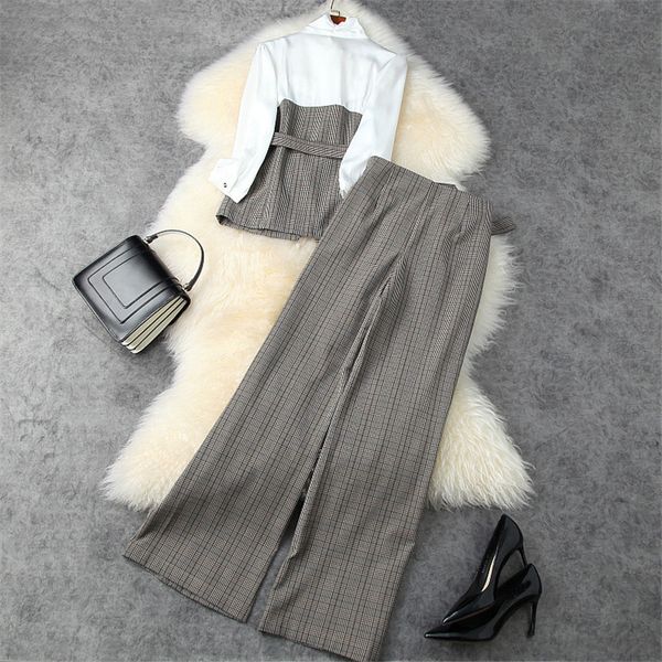 

women's two piece pants autumn office lady two pieces elegant bow collar long sleeve plaid slices and matching suit pants ryap, White