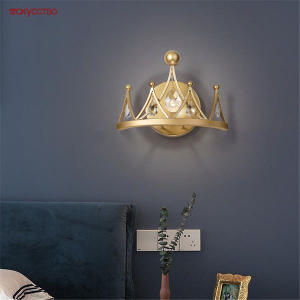 

wall lamp european golden crystal crown led for girls bedroom bedside kids study hallway decoration sconce parlour light fixture