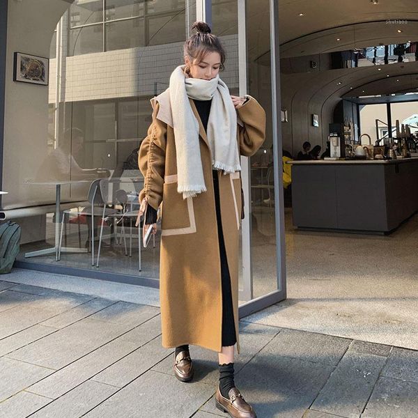 

women's wool & blends camel woolen jacket womens mid-length 2021 winter korean-style loose-fit all-match splice overcoat /40, Black