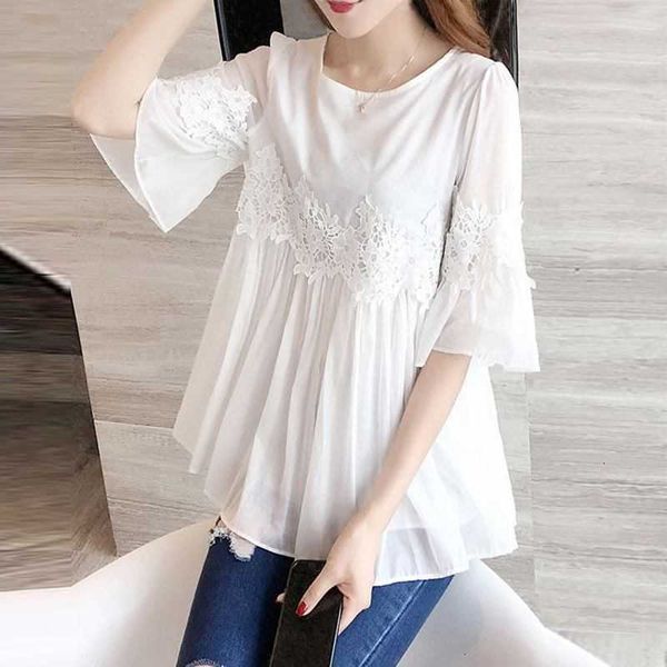 

women's blouses & shirts blouses elegant solid spring casual flare sleeve blusas female lace patchwork tunic plus size chem w3yo, White